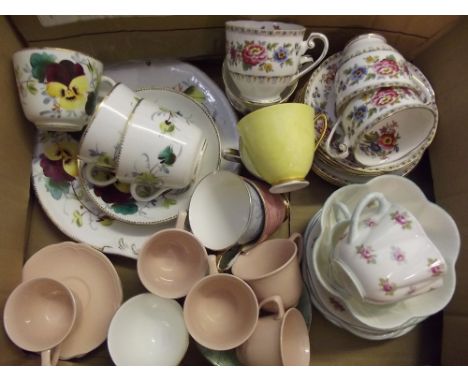 Various decorative tea ware including five Royal Albert harlequin cups and saucers