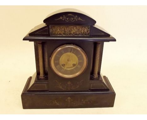 A Victorian large slate mantel clock with two train movement