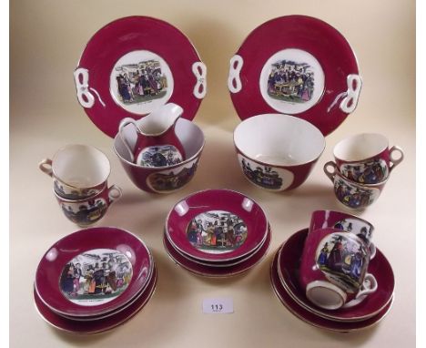 A Victorian 'Welsh Costumes' tea service comprising: six cups and saucers, six tea plates, two cake plates, and two slop bowl