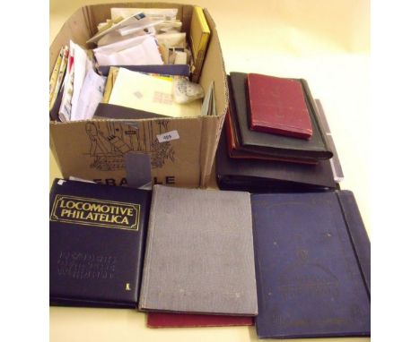 A box of miscellaneous stamp albums/stockbooks (one empty), packets, tin and other containers with mint and used GB, commonwe