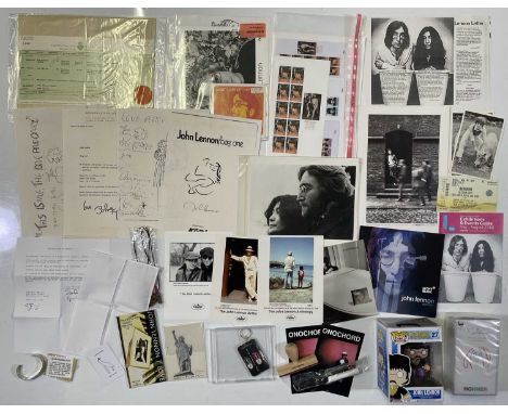 A collection of John Lennon-related memorabilia item to include: a sterling silver bangle ' Give Peace a Chance', a replica m