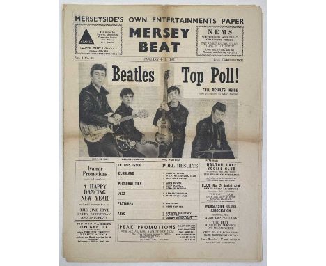 Mersey Beat newspaper, Vol 1 Number 13, January 4-18 1962. With 'Beatles Top Poll' cover and image. 8 pages. Some evidence of