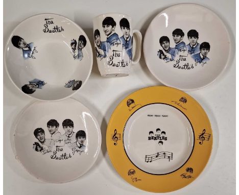 Five pieces of Beatles ceramics to inc mug stamped 'Broadhurst Bros Burslem', yellow plate stamped 'Washington Pottery'.