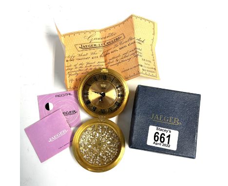 A Jaeger-Le Coultre, gilt brass model 105, 8 day Recital gilt filigree auto alarm clock.2286, with box and papers.