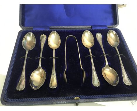 A cased set of silver spoons with tongs together with cocktail shaker corkscrew and hip flask - NO RESERVE