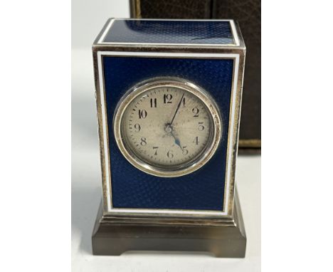 An Antique Blue Guilloche enamel and silver miniature carriage clock on agate base, in manner of Cartier. The blue enamel, on