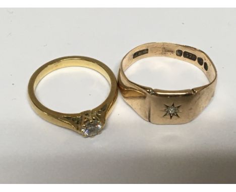 A gold ring set with a solitaire diamond and a gents 9ct gold ring set with a small diamond (2)