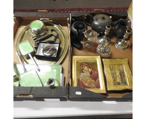 Two boxes of metalwares, to include an enamel dressing table set