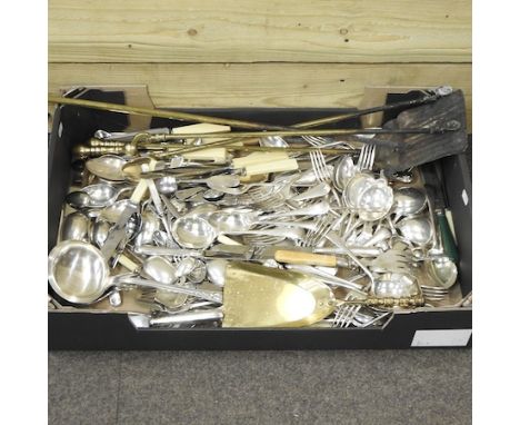 A box of silver plated cutlery, together with a collection of brass fire tools