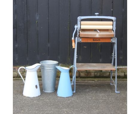 A blue painted Ewbank mangle, together with two enamel jugs and a galvanized bucket