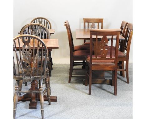 A refectory table, 122 x 69cm, together with a set of six fiddle back dining chairs, two square side tables and four wheelbac