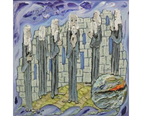W M, figures, before a wall, oil on canvas, signed with monogram, 63 x 63cm
