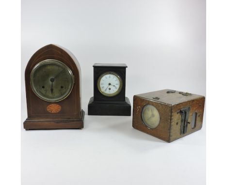 An Edwardian inlaid mahogany cased mantel clock, 31cm high, together with a slate clock and a clocking-in clock