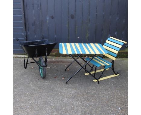 A painted wooden step ladder, 200cm high, together with a painted wheelbarrow and a blue and yellow folding table and chair