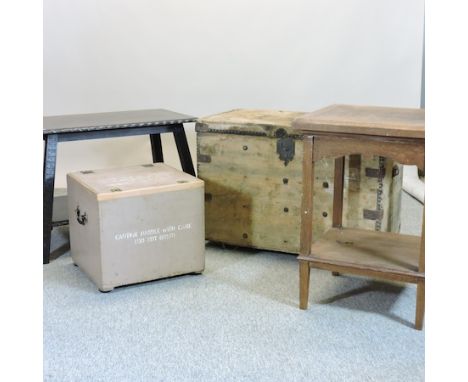 An antique pine trunk, 91cm, together with a painted trunk, an oak occasional table and a carved oak side table