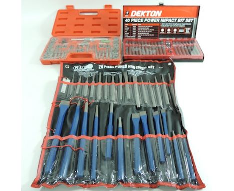 A 40 piece tap and die set, together with a 40 piece spline set and a 28 piece punch and chisel set