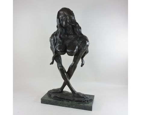 A bronze portrait bust of a an abstract Art Nouveau style lady, 71cm high