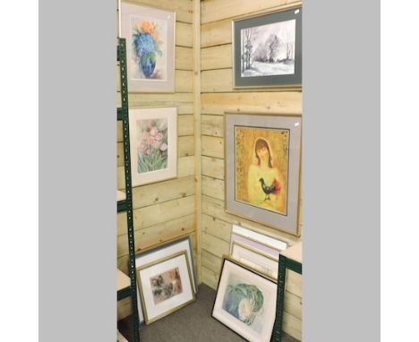 A collection of pictures and prints, to include Digby Smith, portrait of a lady, signed and dated '75, 50 x 40cm, mainly wate