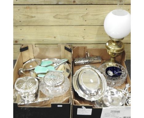 Two boxes of silver plated items to include a rose bowl and a dressing table set, together with other metalwares, to include 