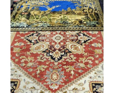 A Keshan style rug, 270 x 200cm, together with a wall hanging