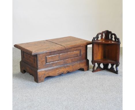 An oak blanket box, 110cm, together with an Edwardian mahogany hanging corner shelf