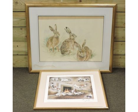 Louise Wood, Terriers, limited edition print, signed by the artist and numbered 298/500 with sketch to the margin, 47 x 64cm,