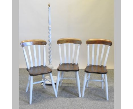 Three elm seated and painted splat back chairs, together with a grey painted standard lamp, 148cm