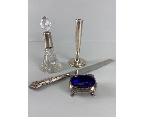 Collection of Silver hallmarked items to include a cut glass silver collared scent bottle, Silver Bud Vase, Silver salt, and 