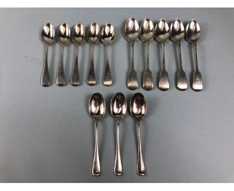 Collection of Silver hallmarked teaspoons to include five by maker J.W F.C.W and five by maker JR and three further spoons ma