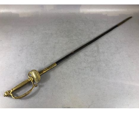 English court sword, brass half shell hilt, slender blade with etched decoration and ERll, complete with brass mounted leathe
