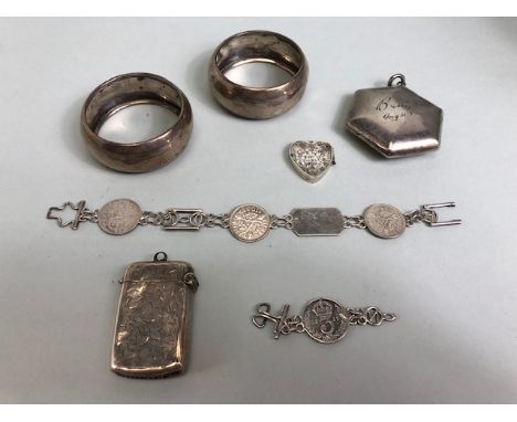Collection of Hallmarked silver items to include an Octagonal Silver compact with mirror, a pair of silver napkin rings, Silv