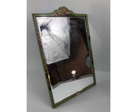 Antique mirror,  self standing chinoiserie dressing table mirror of bevelled glass  in green lacquer frame decorated with Chi