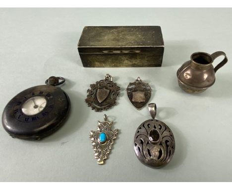 Collection of vintage Hallmarked silver items to include pocket watch (A/F) Silver box, medallions pendants etc