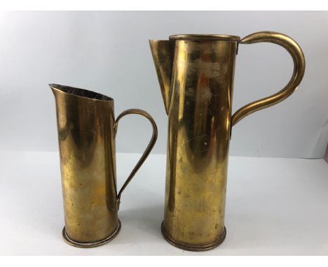 Military interest, WW1 Trench Art  2 Jugs made from brass artillery shell cases , the larger British marked wit arrow and 9/1