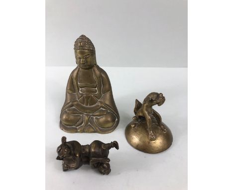 oriental interest , a group of Chinese Brass figures, being a seated Buddha, 2 children playing and a mythical dog , 3 items 