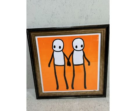 Pop art framed print of of 2 drawn figures on an orange background, approximately 84 x 84cm