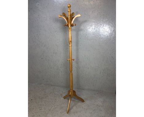Coat stand, modern light wood coat and hat stand on tripod base approximately 79 cm high