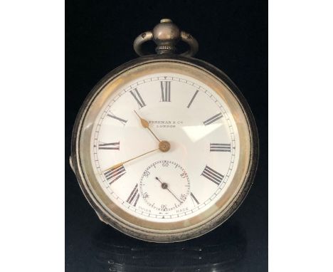 Freeman & Co London Silver pocket watch with Gold coloured hands and Roman numerals, stamped 925 including the dust cover wit