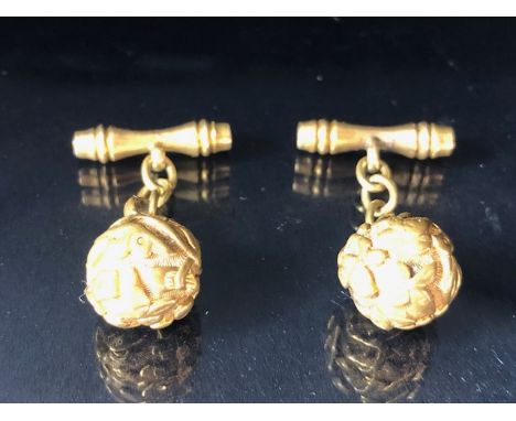 Pair of Antique Gold/ Gold Gilt cufflinks with ball ends with raised floral decoration 