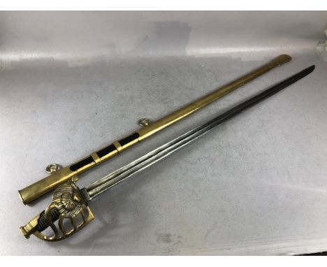 Swords, French Napoleonic style sword, double fullered blade with brass half shell hilt, leather wire bound grip, brass scabb