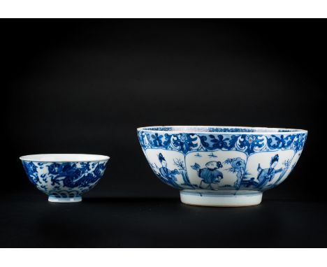 Chinese Art. Two blue and white porcelain bowls: one Kangxi painted with children and ladies at leisure and one decorated wit