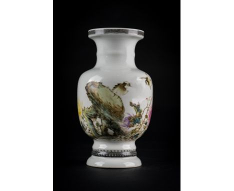 Chinese Art. A porcelain vase painted with flowers, birds and bearing a long inscription with seal. Jingdezhen red six charac