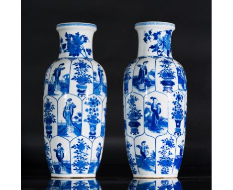 Chinese Art. A pair of blue and white porcelain baluster vases painted with characters  China, Qing dyansty, Kangxi period, 1