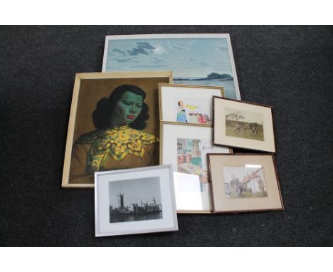 A mid 20th century oriental portrait on board by Tretchsko together with four other framed pictures and two framed mid 20th c