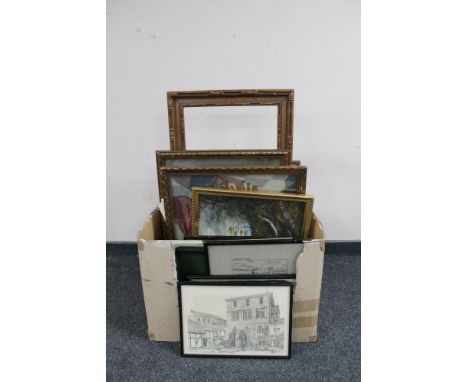 A box of assorted frames pictures, prints, oil, mahogany framed mirror, black lacquered fire screen etc 