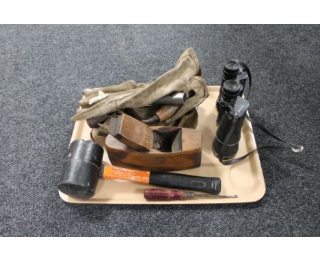 A tray of vintage hand tools, set of Optomex 10X50 field glasses 
