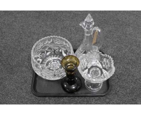A tray of four pieces of glass ware; comport with matching fruit bowl, decanter with stopper and candlestick 