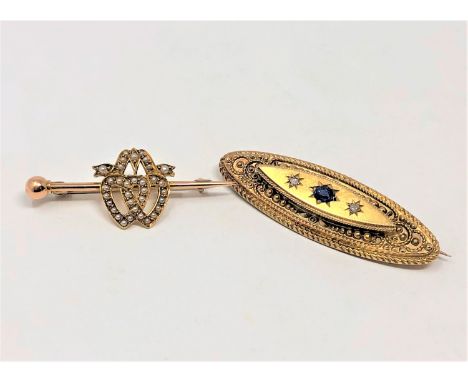 A 15ct gold sapphire and diamond brooch, together with a 15ct gold seed pearl entwined hearts brooch