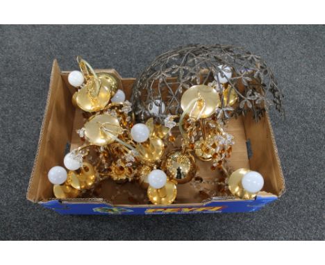 A box of ornate metal fruit bowl, together with three brass light fittings with glass drops 