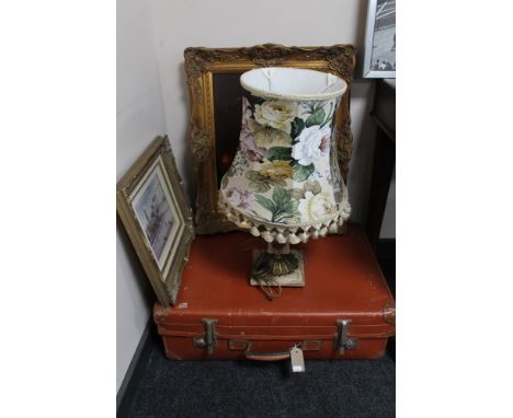 A 20th century luggage case together with a continental school oil on canvas still life, a gilt framed J.W. Young signed prin